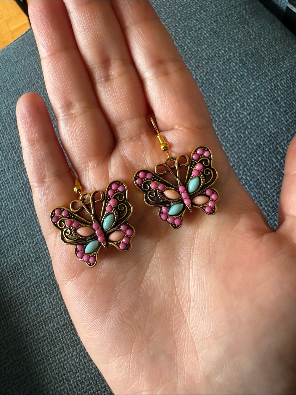 Gold-Tone Pink & Mint Butterfly Drop Earrings - Picture 4 of 8